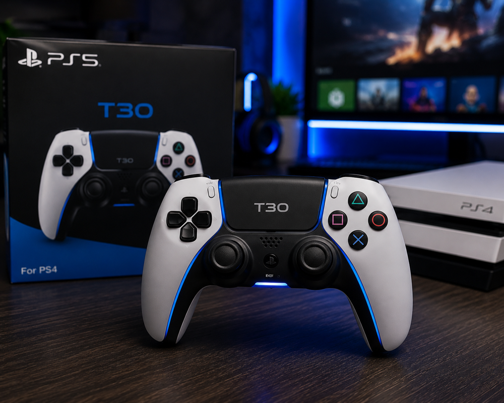 دسته بازی PS4 طرح PS5 مدل T30 در فضای بازی مدرن با طراحی حرفه ای و جذاب.